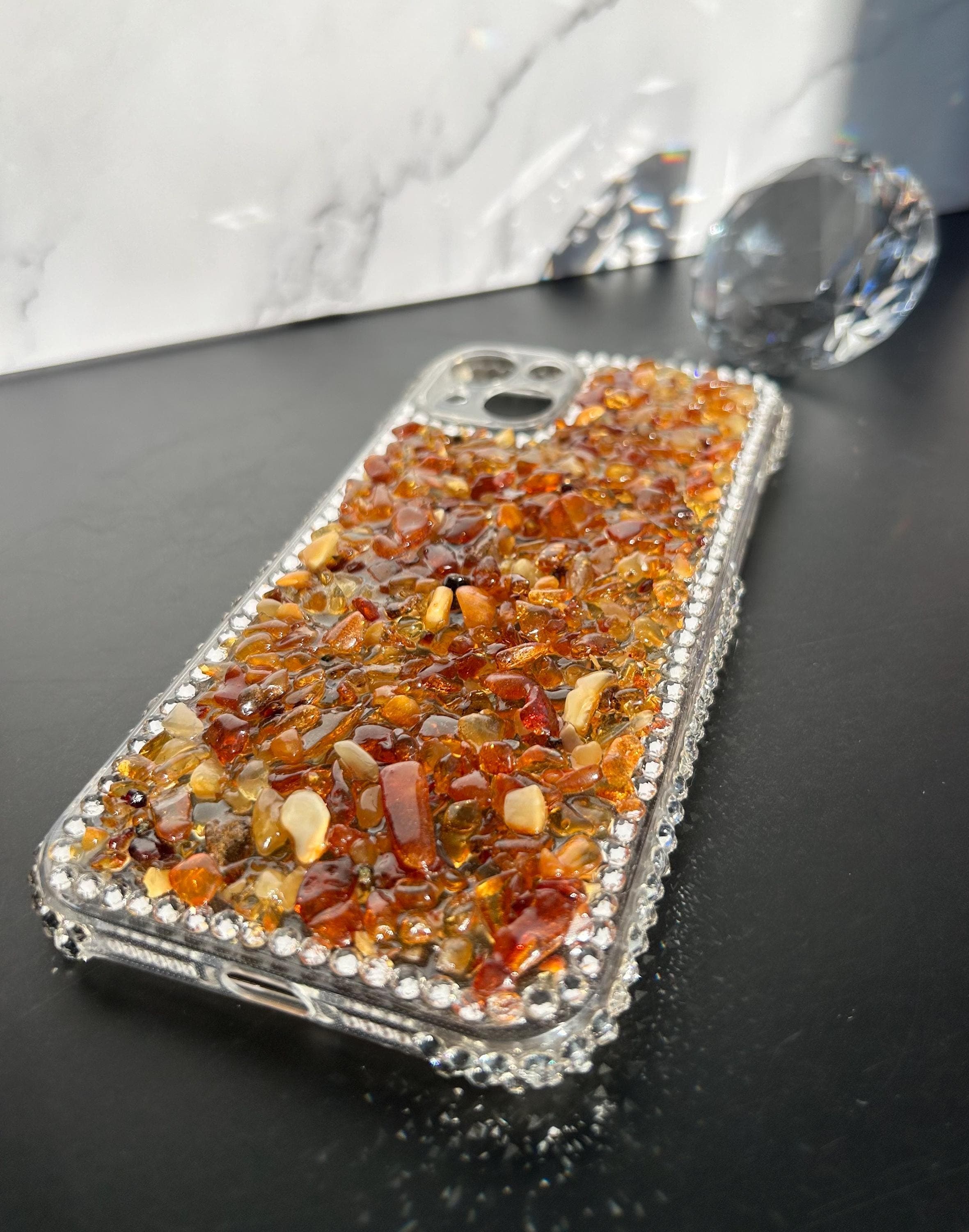 Clear iPhone case with natural Baltic amber gemstones European crystals